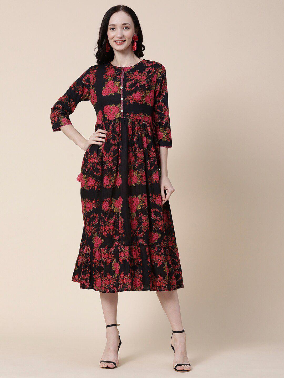 fashor black floral printed a-line cotton midi dress