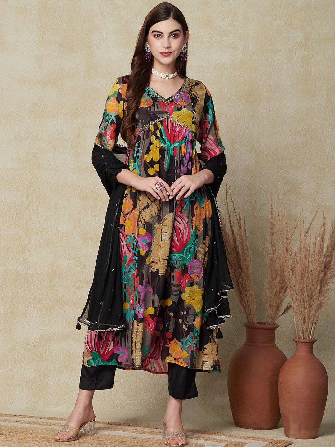fashor black floral printed beads & stones detailed a-line kurta & trouser with dupatta