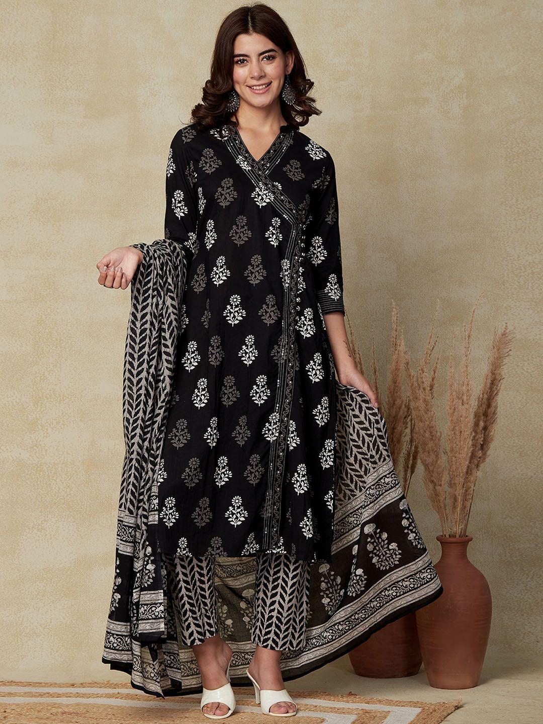 fashor black floral printed mandarin collar v-neck pure cotton kurta set with dupatta