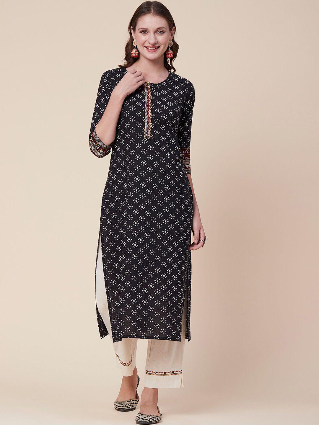 fashor black floral printed mirror work pure cotton straight kurta with trousers