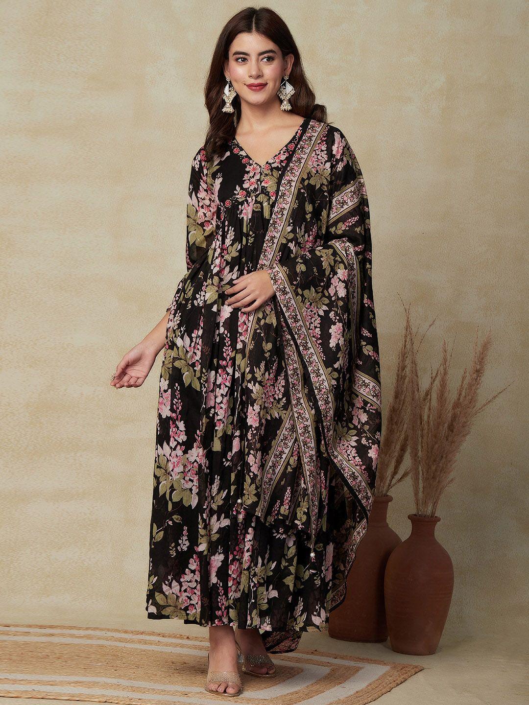 fashor black floral printed pleated beads and stones pure cotton kurta set