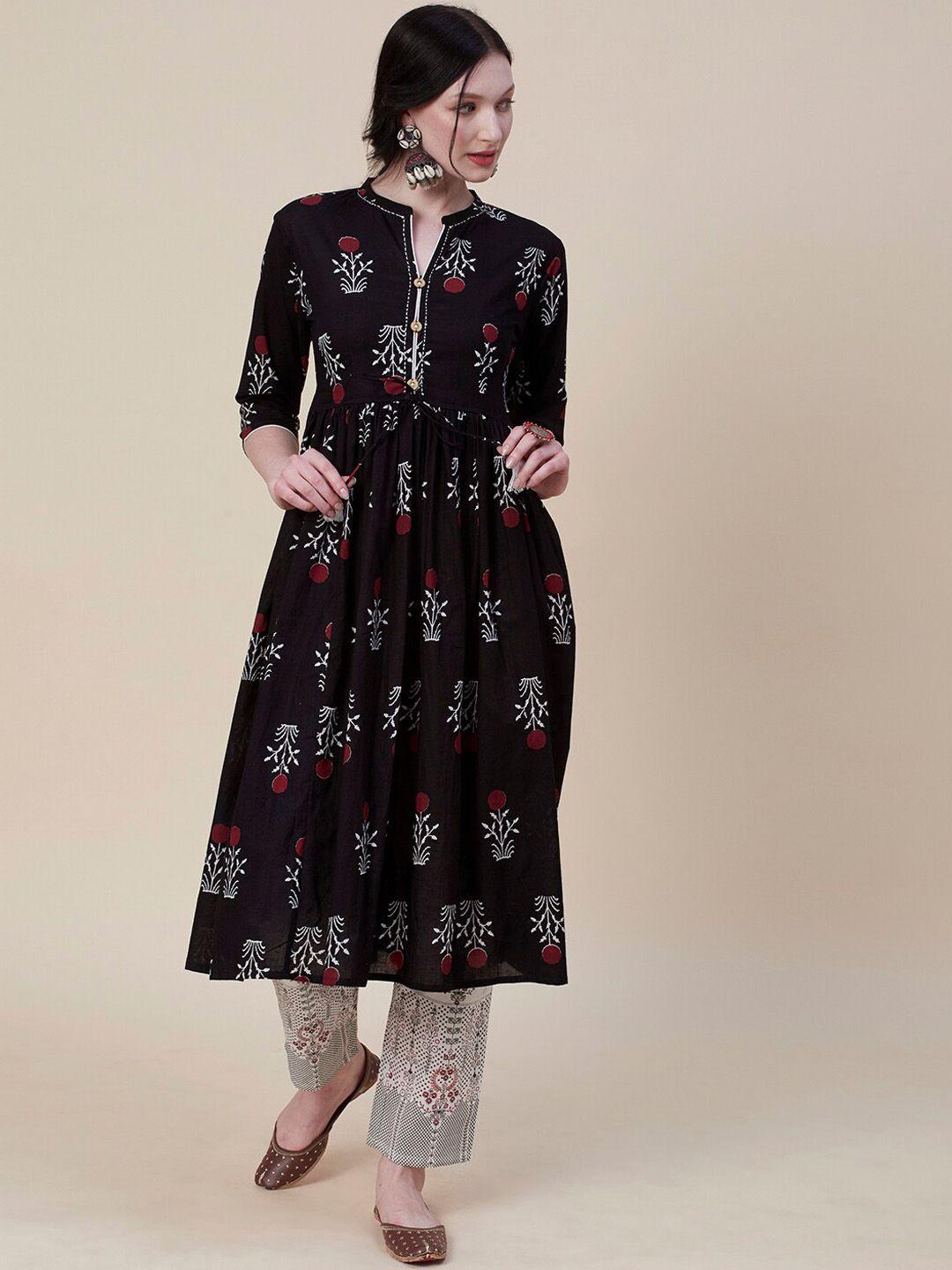fashor black floral printed pleated thread work pure cotton kurta with trousers
