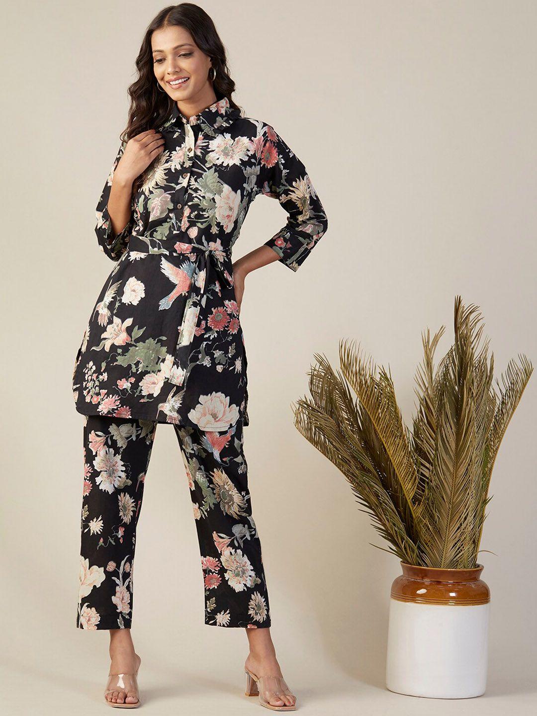 fashor black floral printed pure cotton kurti with trousers