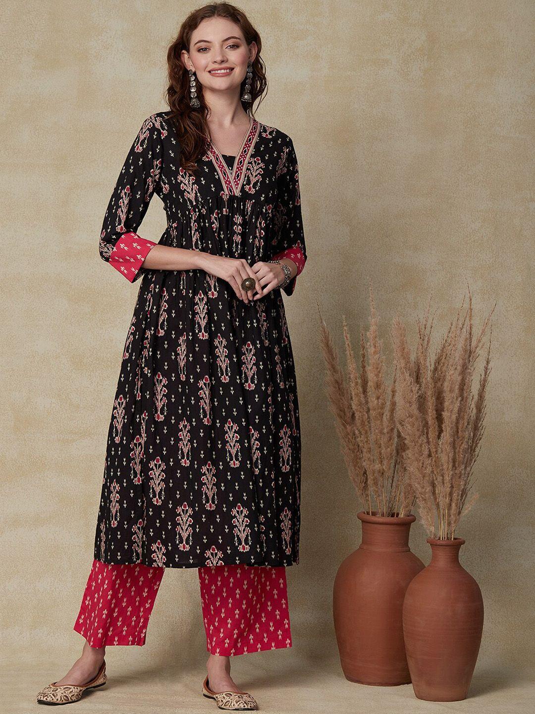 fashor black floral printed regular a-line kurta with trousers