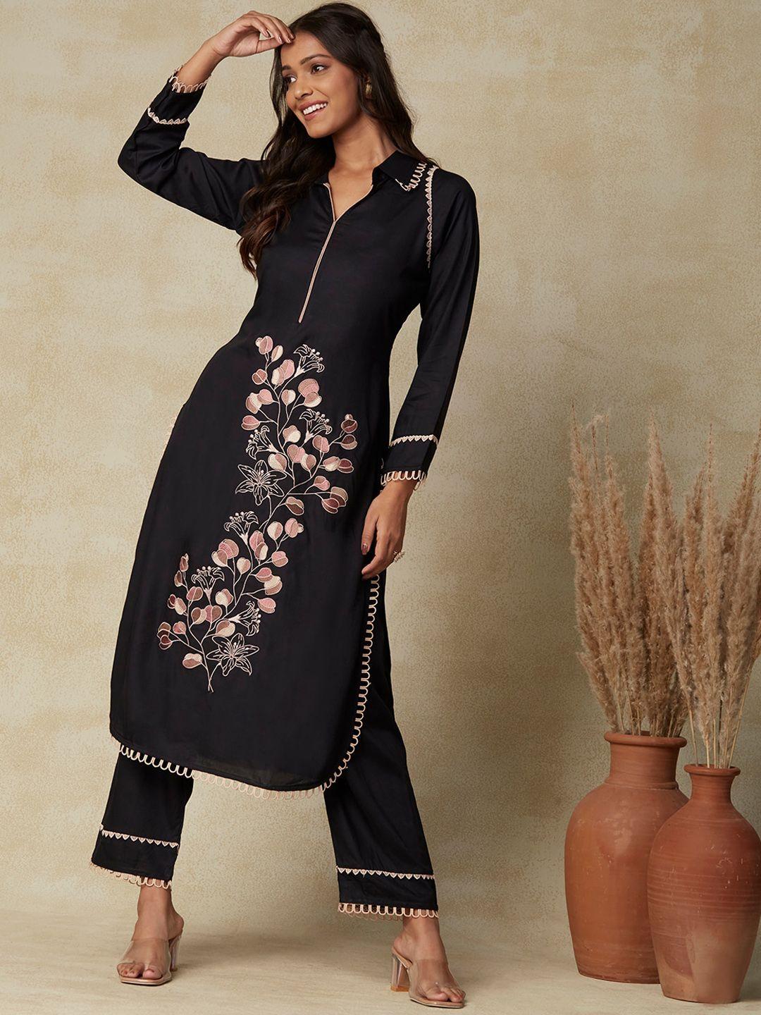 fashor black floral printed regular thread work kurta with trousers