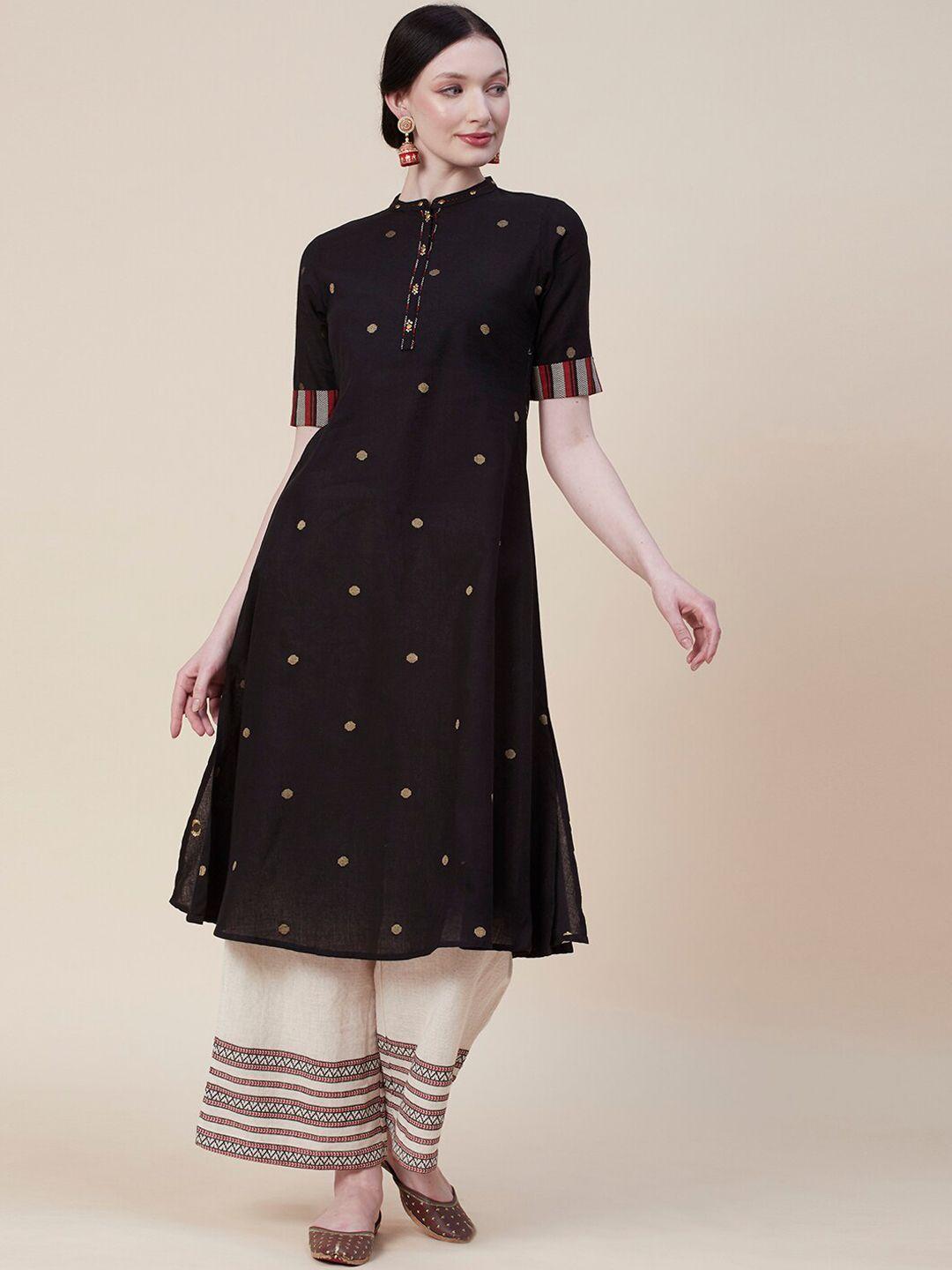 fashor black polka dots sequined mandarin collar jacquard weave cotton a-line kurta