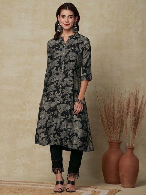 fashor black printed a line kurta