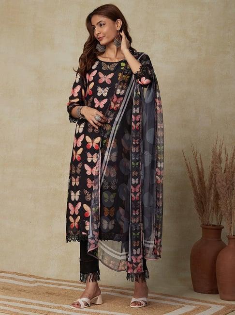 fashor black printed straight kurta with dupatta