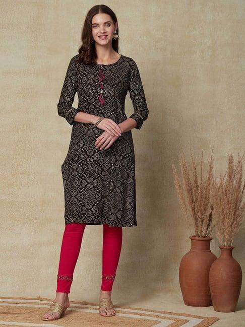 fashor black printed straight kurta