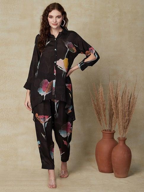 fashor black printed tunic pant set