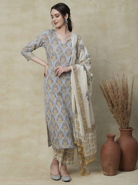 fashor blue & off-white cotton printed kurta pant set with dupatta