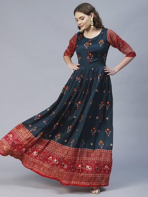 fashor blue & red printed maxi dress