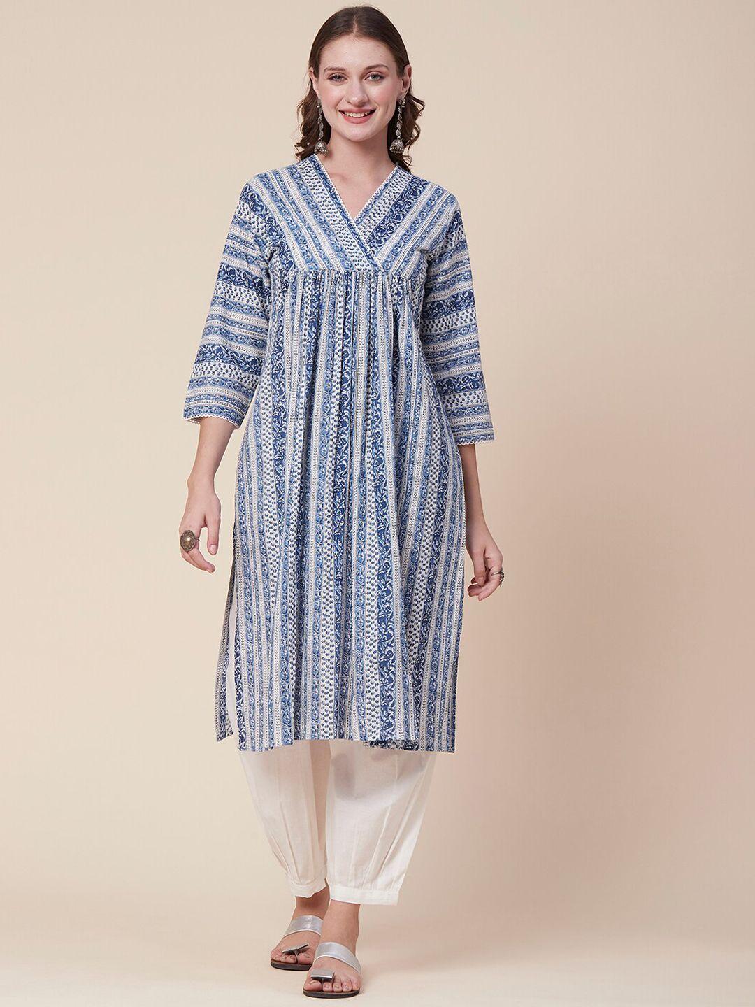fashor blue & white colour ethnic motifs printed empire kurta with trousers