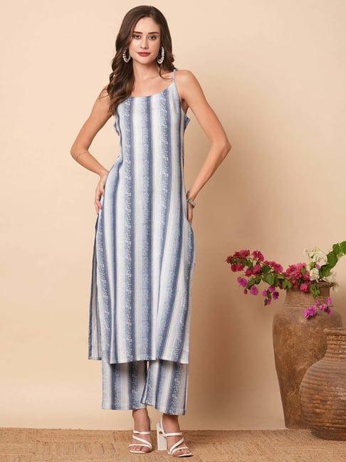 fashor blue & white cotton printed kurta palazzo set