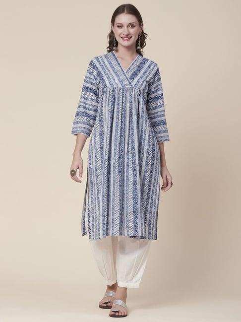 fashor blue & white cotton printed kurta pant set