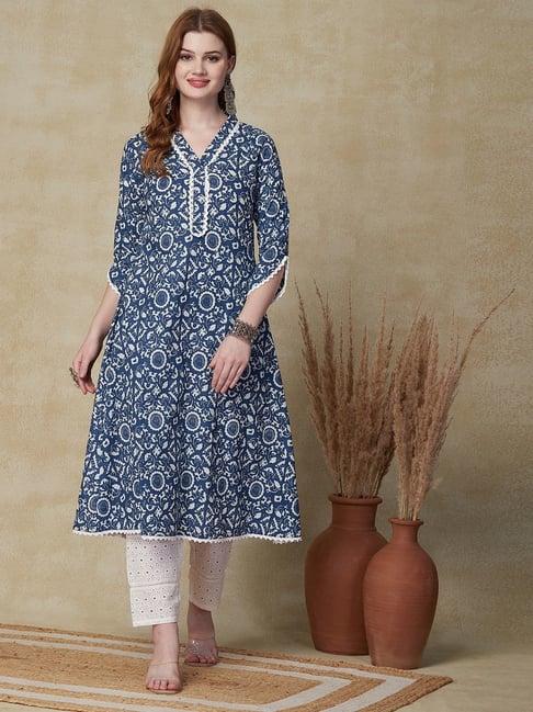 fashor blue & white cotton printed kurta pant set