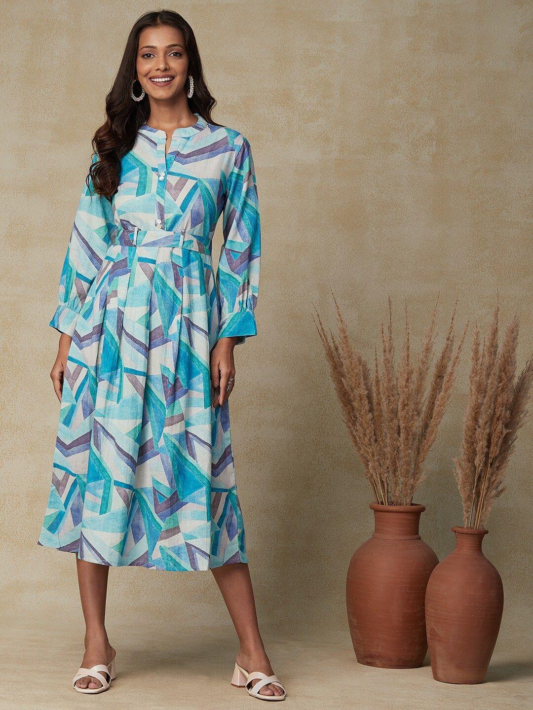 fashor blue abstract printed cuffed sleeves gathered a-line midi dress with belt