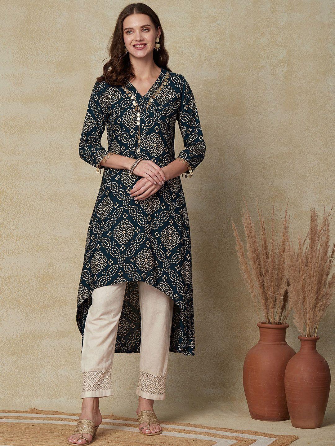 fashor blue bandhani printed high-low hem kurta