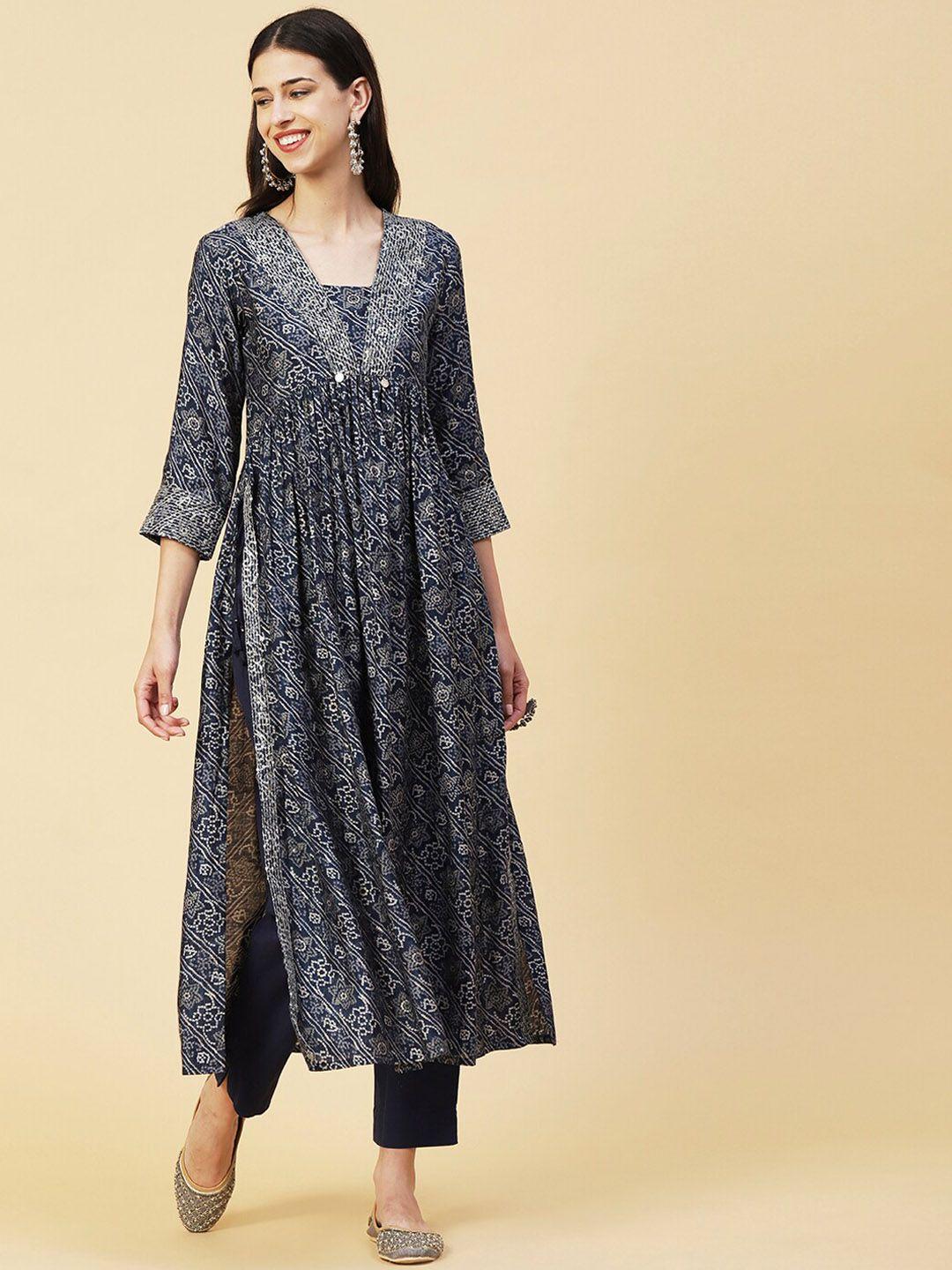 fashor blue bandhani printed pleated sequinned kurta with trousers