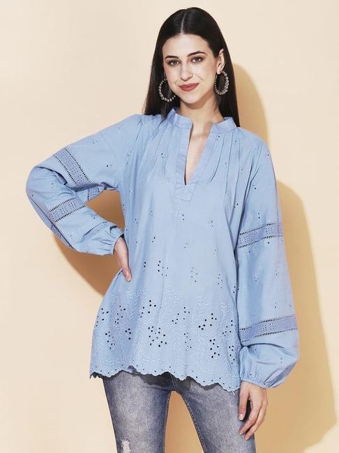 fashor blue cotton embroidered a line kurti