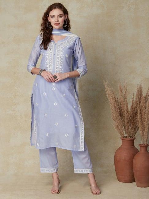 fashor blue cotton embroidered kurta pant set with dupatta