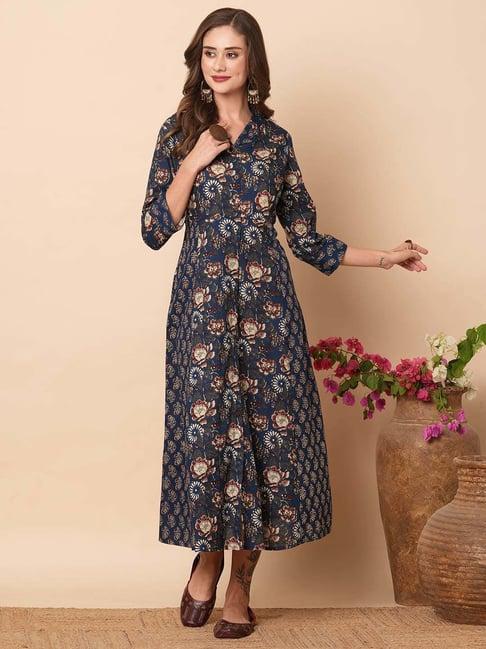 fashor blue cotton floral print a-line dress