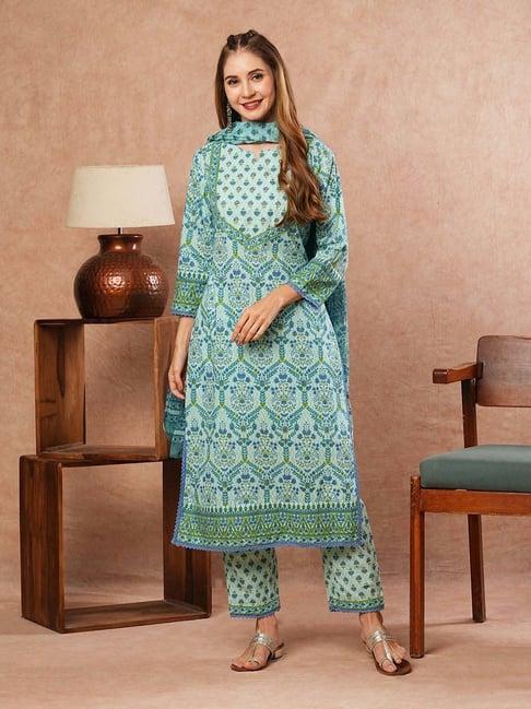 fashor blue cotton printed kurta & pant set with dupatta