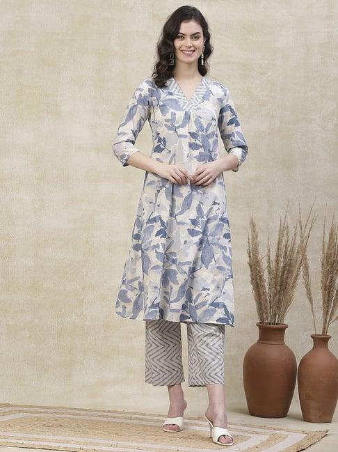 fashor blue cotton printed kurta palazzo set