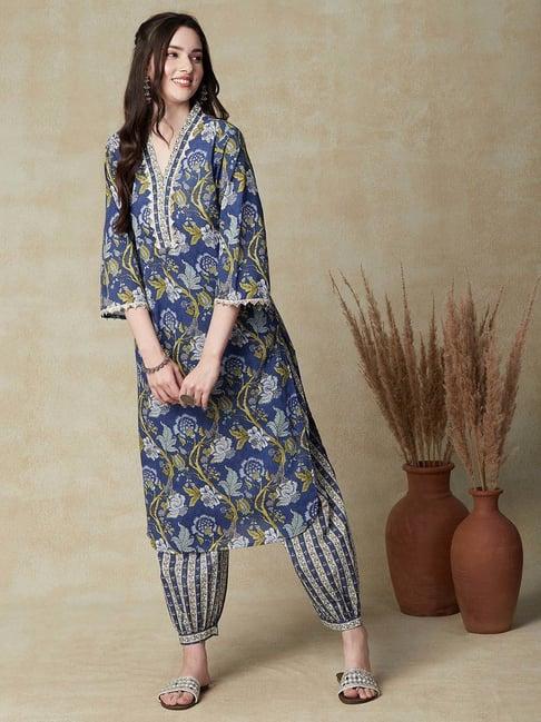 fashor blue cotton printed kurta salwar set