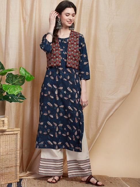 fashor blue cotton printed straight kurta with jacket