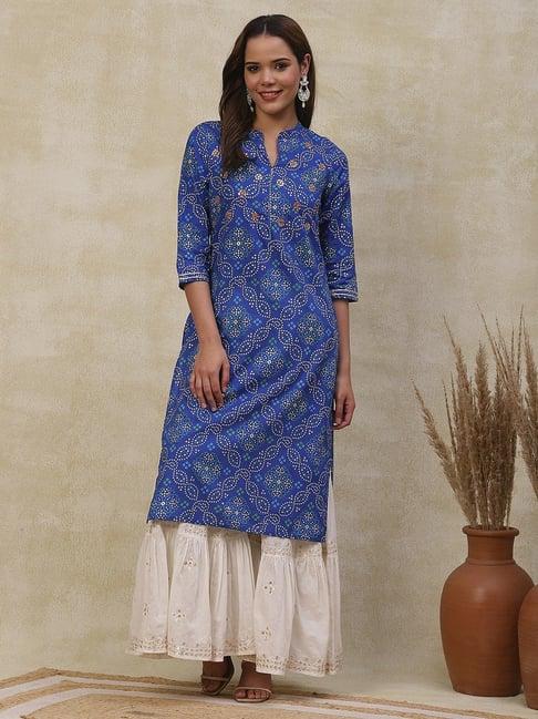 fashor blue cotton printed straight kurta