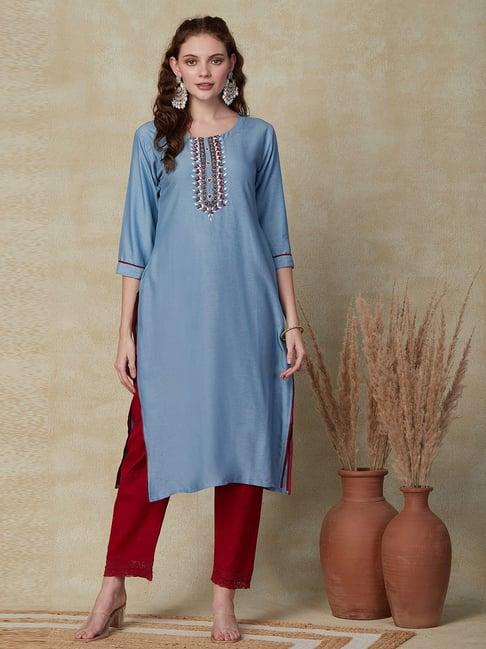 fashor blue embellished straight kurta