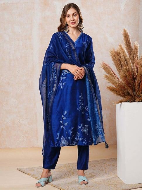 fashor blue embroidered kurta & pant set with dupatta