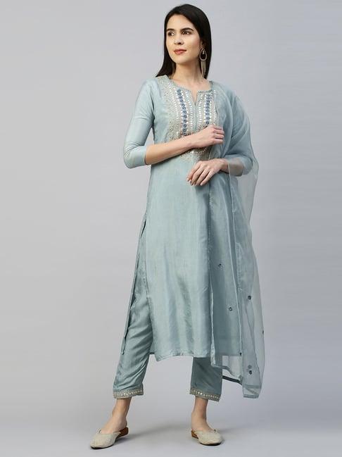 fashor blue embroidered kurta pant set with dupatta