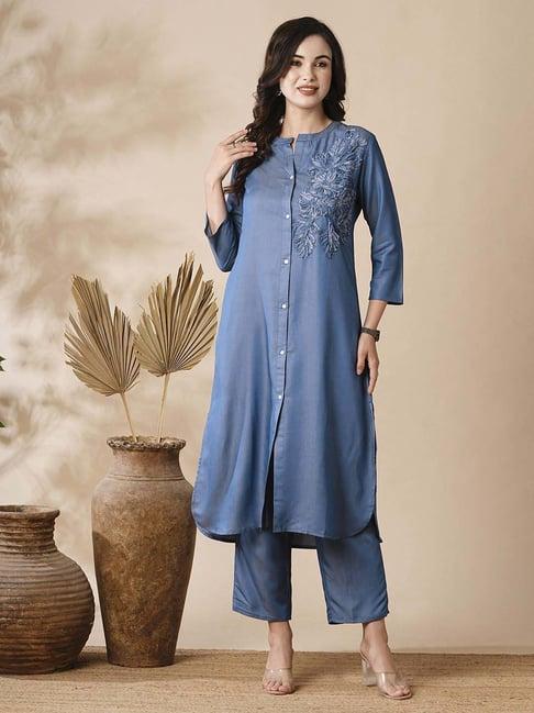 fashor blue embroidered kurta pant set