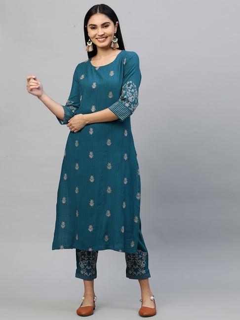 fashor blue embroidered kurta pant set