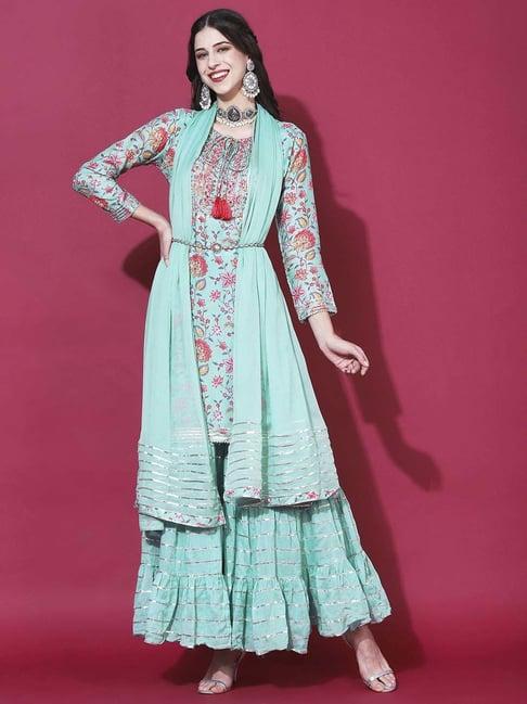 fashor blue embroidered kurta sharara set with dupatta