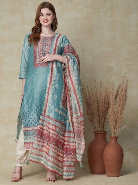 fashor blue embroidered straight kurta with dupatta