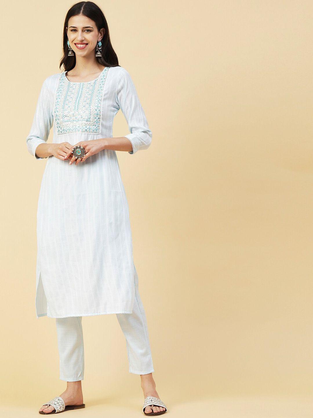 fashor blue ethnic motifs embroidered mirror work kurta with trousers