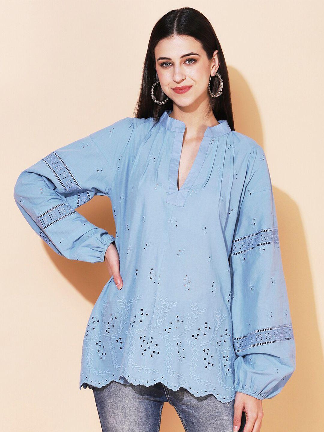 fashor blue ethnic motifs embroidered thread work pure cotton thread work kurti