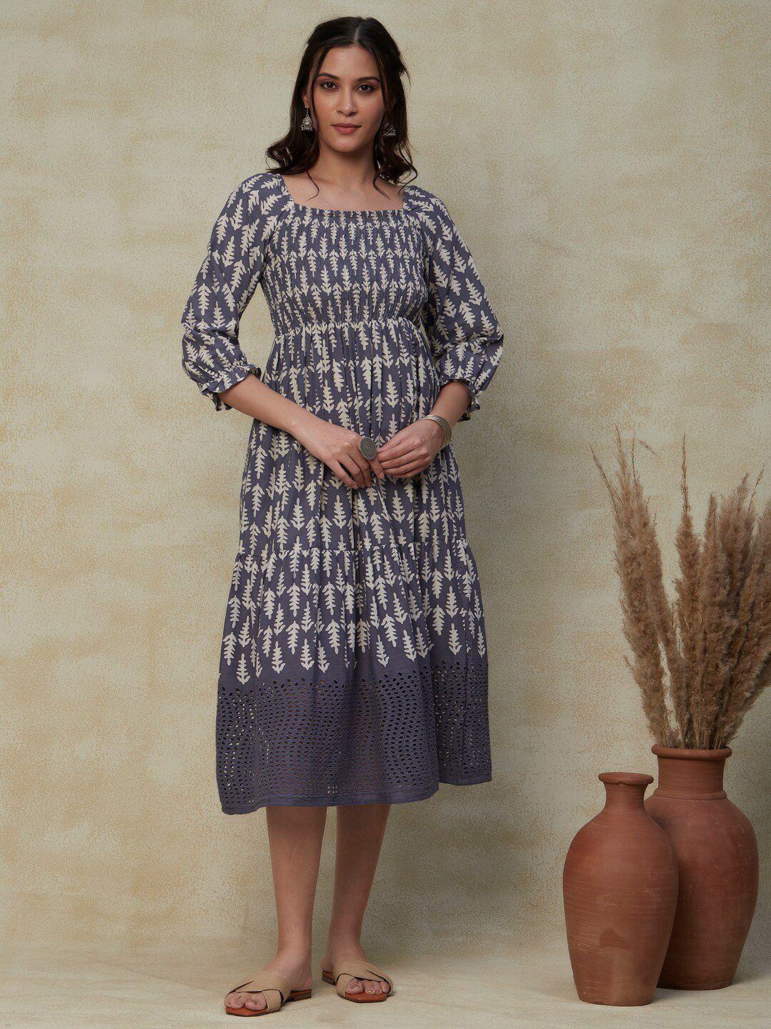 fashor blue ethnic motifs printed cotton fit & flare ethnic dress