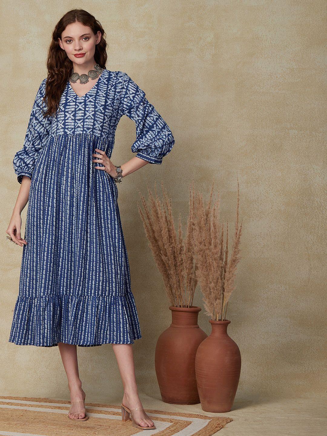 fashor blue ethnic motifs printed puff sleeve fit and flare midi ethnic dress