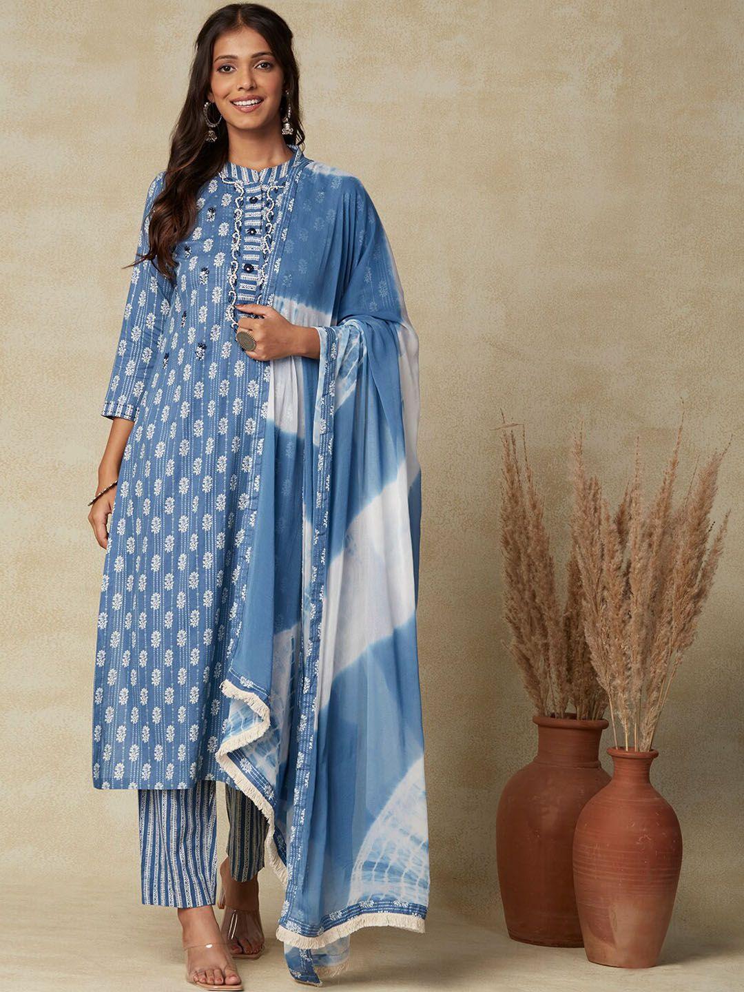 fashor blue ethnic motifs printed regular thread work kurta with trousers & with dupatta