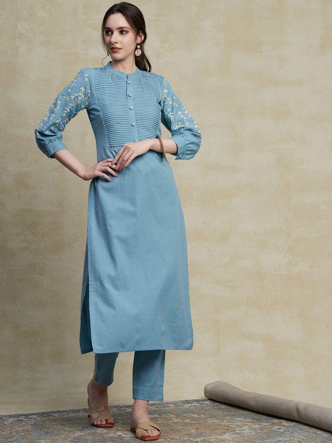 fashor blue floral embroidered pure cotton kurta with trousers