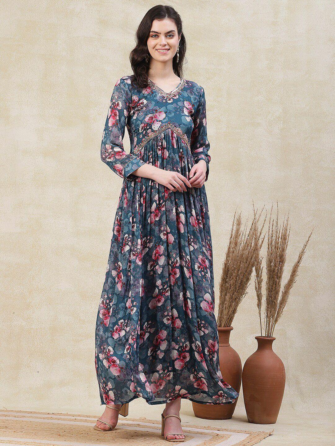 fashor blue floral print crepe a-line maxi dress