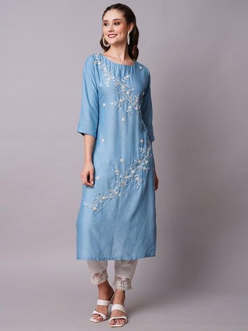 fashor blue floral print straight kurta