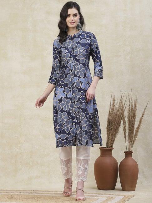 fashor blue floral print straight kurta