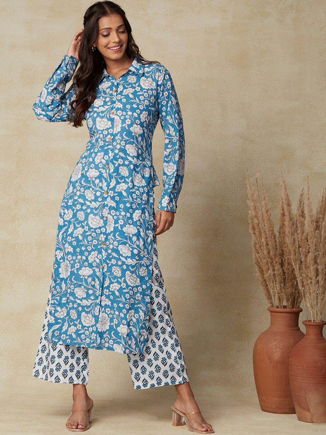 fashor blue floral printed pure cotton kurta with palazzos