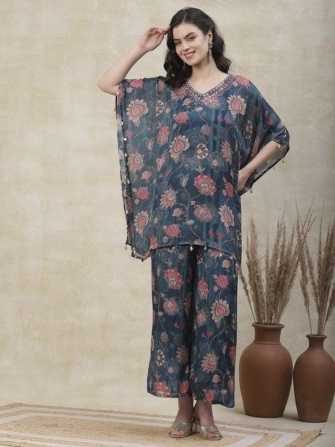 fashor blue printed kaftan palazzo set