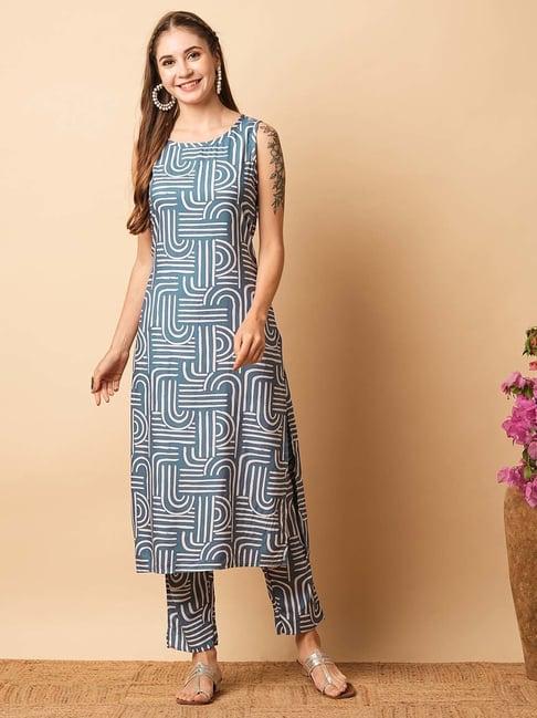 fashor blue printed kurta & pants set